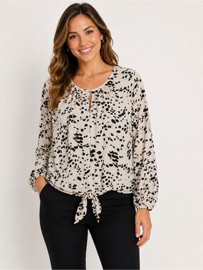 NWT West Kei Medium Animal Print Tie Front Blouse Black Ivory Long Sleeve